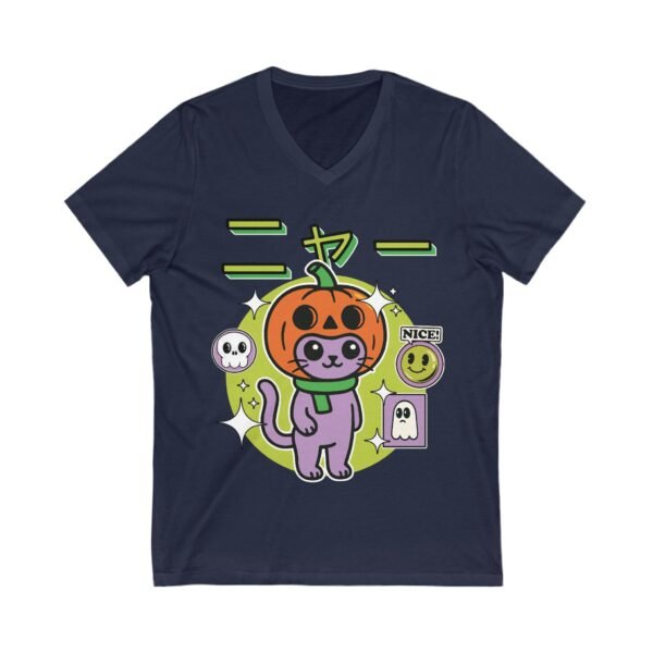 Cute Halloween Cat Pumpkin V-Neck T-Shirt - Image 5