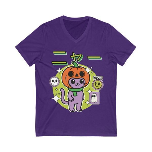 Cute Halloween Cat Pumpkin V-Neck T-Shirt - Image 4