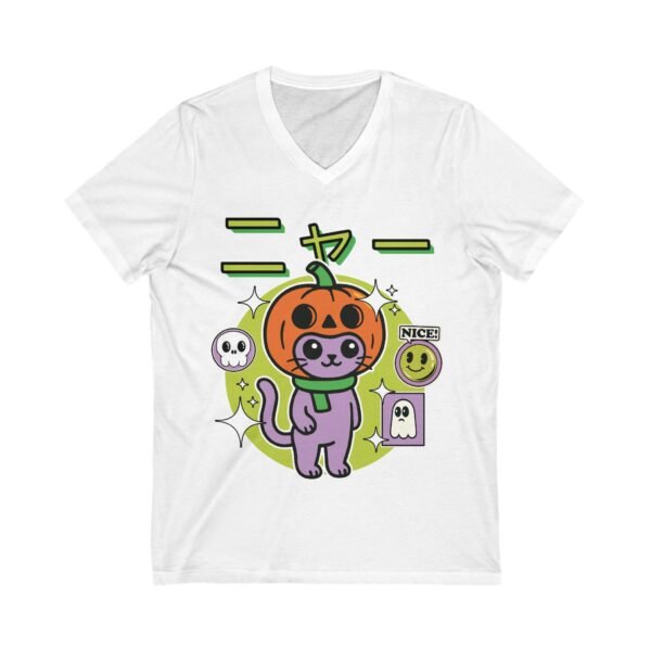 Cute Halloween Cat Pumpkin V-Neck T-Shirt - Image 2