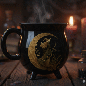 Personalized Witch Cauldron Mug with Golden Moon Design