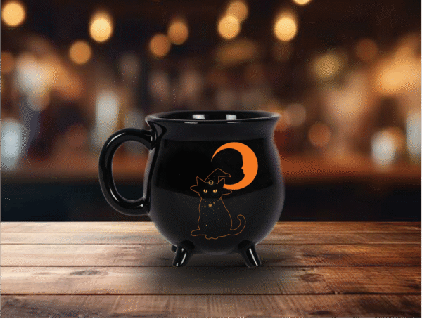 Halloween Black Cat Mug - Unique Cauldron Shape
