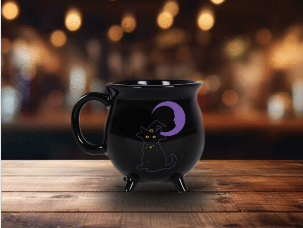 Halloween Black Cat Mug - Unique Cauldron Shape - Image 2